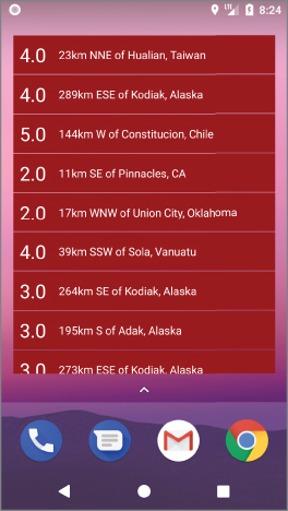 Home screen of a phone displaying the earthquake collection view widget added to the home screen and 3 home buttons below 4 icons for contacts, message, gmail, and Google chrome.